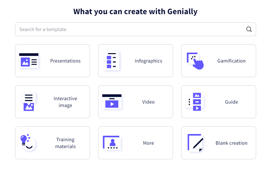 Genially user homepage with template categories
